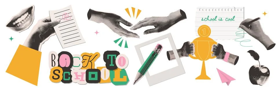 Funny back to school collage elements set. Dotted Halftone hands holding school Illustrazione stock