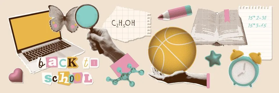 Funny back to school collage elements set. Dotted Halftone hands holding school Stock Illustration