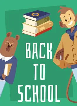 Funny back to school posters with bear and monkey students, flat vector 스톡 일러스트