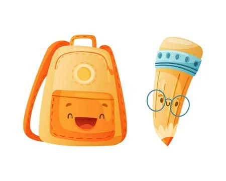 Funny Backpack and Pencil as School Item with Smiling Face as Cartoon Education Illustrazione stock