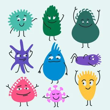 Funny bacteria characters isolated. Vector icons of gut and intestinal flora, Stock Illustration