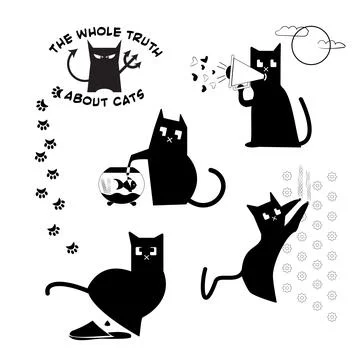 Funny bad cat behavior set Stock Illustration