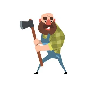 Funny bald lumberjack posing with his axe. Cartoon bearded man in green Stock Illustration