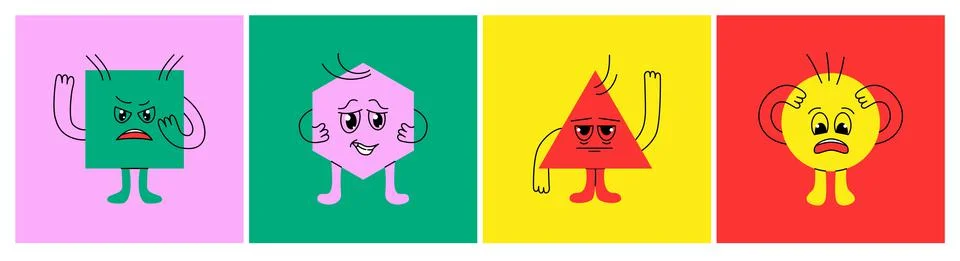 Funny basic geometric characters. Hand drawn geometry figures various emotions Stock Illustration