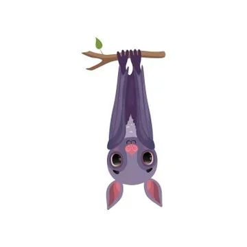 Funny bat hanging upside down on tree branch, cute creature cartoon character Stock Illustration