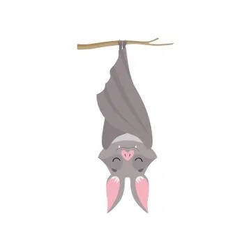 Funny bat hanging upside down on tree branch wrapped in its wings, gray creature Stock Illustration