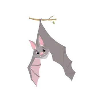 Funny bat hanging upside down on a branch wrapped, gray creature monster cartoon Stock Illustration