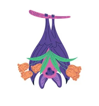 Funny bat hanging upside down on a branch with a bouquet of flowers, cute wild Stock Illustration