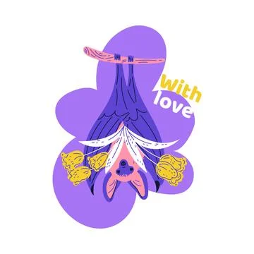 Funny bat hanging upside down on a branch with bouquet of flowers present, cute Stock Illustration