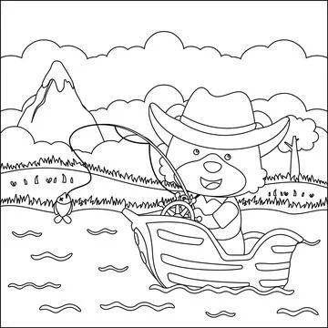 Funny bear cartoon vector on little boat with cartoon style, Stock Illustration