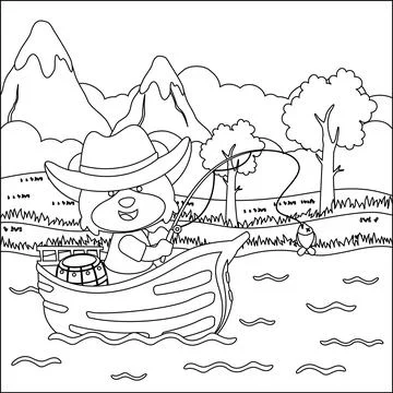 Funny bear cartoon vector on little boat with cartoon style, Stock Illustration