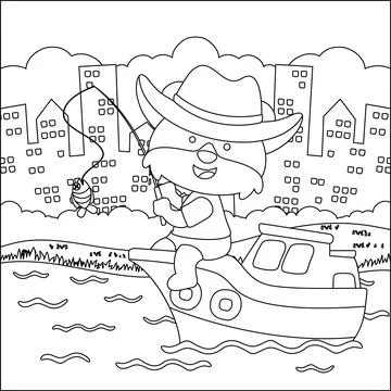 Funny bear cartoon vector on little boat with cartoon style, Stock Illustration