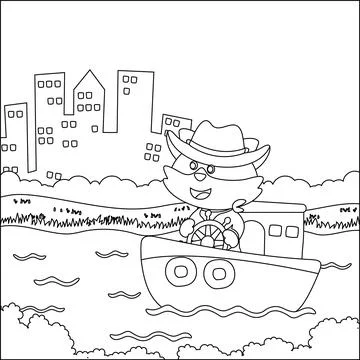 Funny bear cartoon vector on little boat with cartoon style, Stock Illustration