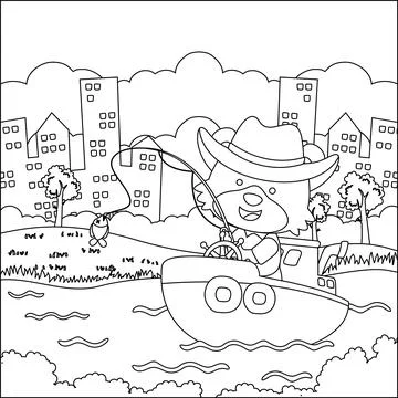 Funny bear cartoon vector on little boat with cartoon style, Stock Illustration