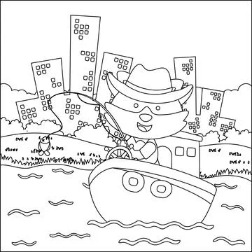 Funny bear cartoon vector on little boat with cartoon style, Stock Illustration