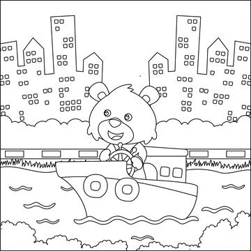 Funny bear cartoon vector on little boat with cartoon style, Stock Illustration