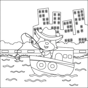 Funny bear cartoon vector on little boat with cartoon style, Stock Illustration