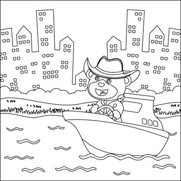 Funny bear cartoon vector on little boat with cartoon style, Stock Illustration