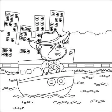 Funny bear cartoon vector on little boat with cartoon style, Stock Illustration