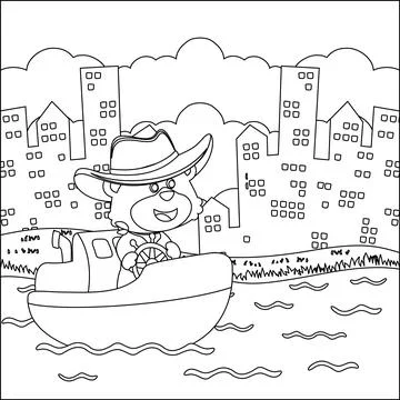 Funny bear cartoon vector on little boat with cartoon style, Stock Illustration