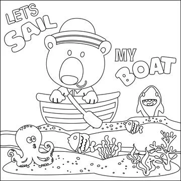 Funny bear cartoon vector on little boat with cartoon style, Stock Illustration