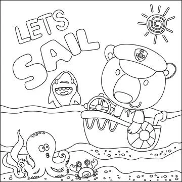 Funny bear cartoon vector on little boat with cartoon style Stock Illustration