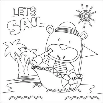 Funny bear cartoon vector on little boat with cartoon style, Stock Illustration