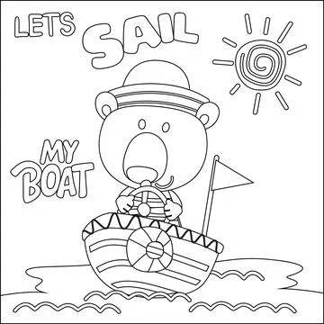 Funny bear cartoon vector on little boat with cartoon style, Stock Illustration