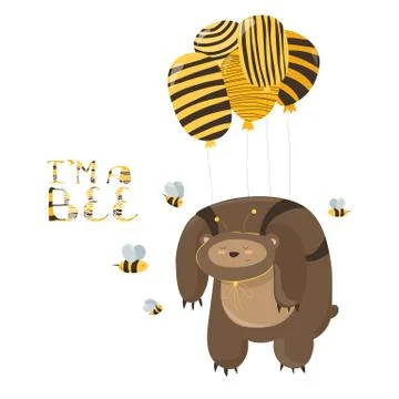 Funny bear flying on a balloon Stock Illustration