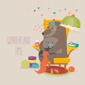 Funny bear knitting scarf Stock Illustration