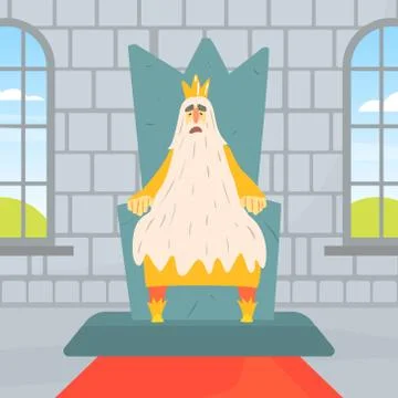 Funny Bearded Old King Character Sitting on Throne, Medieval Castle Interior Illustrazione stock