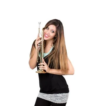 Funny beautiful woman smiling holding trumpet isolated Stock Photos