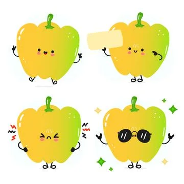 Funny bell pepper characters bundle set. Vector hand drawn doodle style car.. Stock Illustration