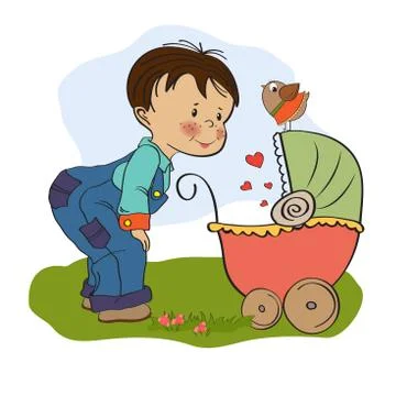 Funny big brother with stroller Stock Illustration