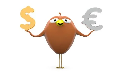 Funny Bird with big signs for unit of currency, dollar, euro, gold, silver, 3 Stock Illustration