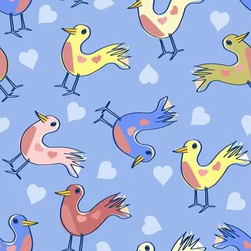 Funny Birds And Hearts Pattern On Blue Stock Illustration