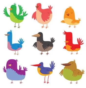 Funny birds doodle cartoon collection wing animal character vector illustration Stock Illustration