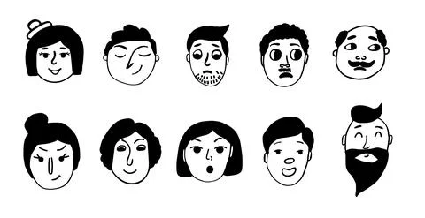 Funny black and white faces set on white background. Vector doodle illustrati Stock Illustration