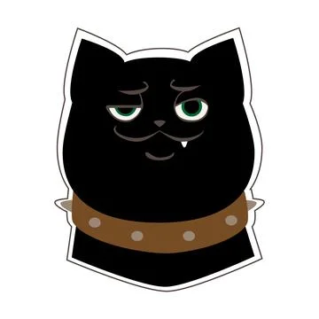 Funny black cat in collar vector sticker. Stock Illustration