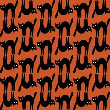 Funny black cat seamless pattern on orange background square template Stock Illustration