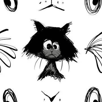 Funny Black Cats Seamless Pattern Scribble Line Art Vector, Hand Drawn Funny Cat Stock Illustration