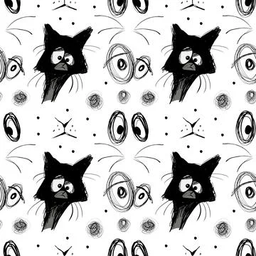Funny Black Cats Seamless Pattern Scribble Line Art Vector, Hand Drawn Funny Cat Stock Illustration