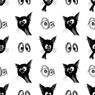 Funny Black Cats Seamless Pattern Scribble Line Art Vector, Hand Drawn Funny Cat Stock Illustration