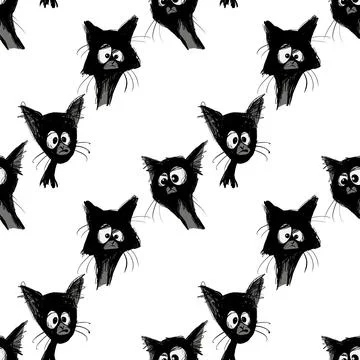 Funny Black Cats Seamless Pattern Scribble Line Art Vector, Hand Drawn Funny Cat Stock Illustration