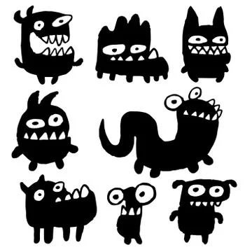 Funny black flat monsters Stock Illustration