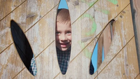 Funny blonde small boy looking through wooden children play area with sunlight Stock Footage 108431842