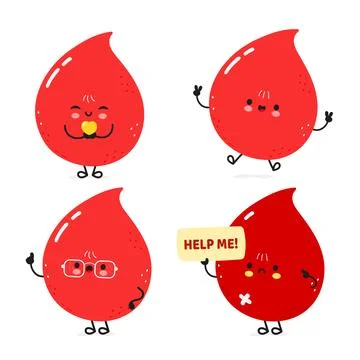 Funny blood drop characters bundle set. Vector hand drawn doodle style cart.. Stock Illustration