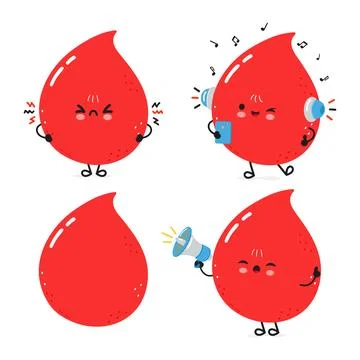 Funny blood drop characters bundle set. Vector hand drawn doodle style cart.. Stock Illustration