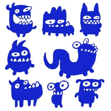Funny blue flat monsters Stock Illustration