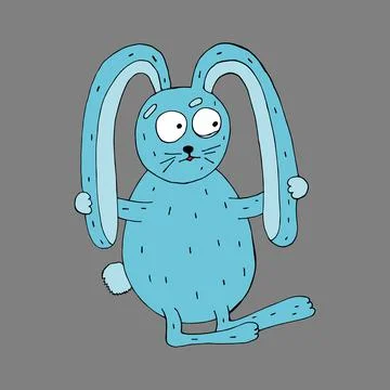 A funny blue hare is holding on to his ears. Vector illustration. Comics Stock Illustration